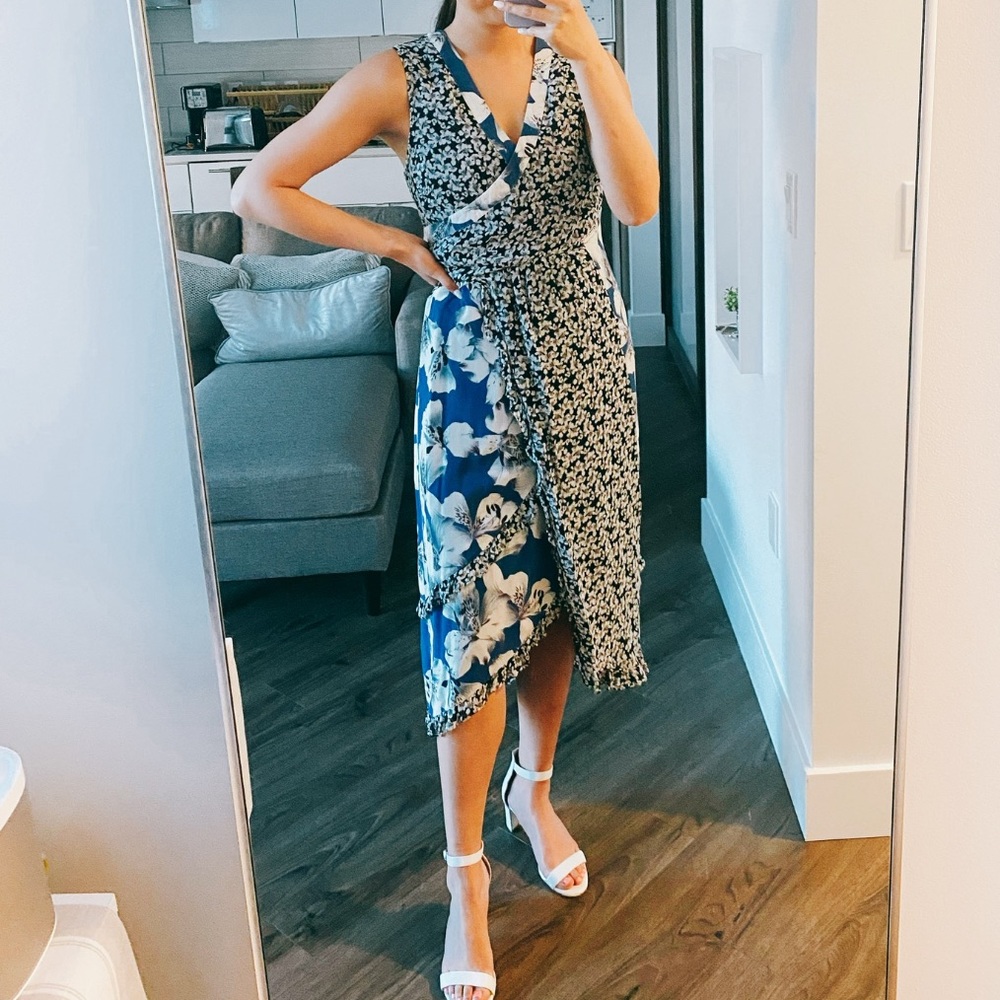 Nicole Miller Hibiscus Faux Wrap Dress Blue